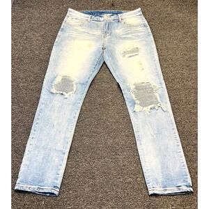 SAVAGE Biker Jeans Mens 36 x 31 Blue Light Wash Distressed Ripped Straight Leg